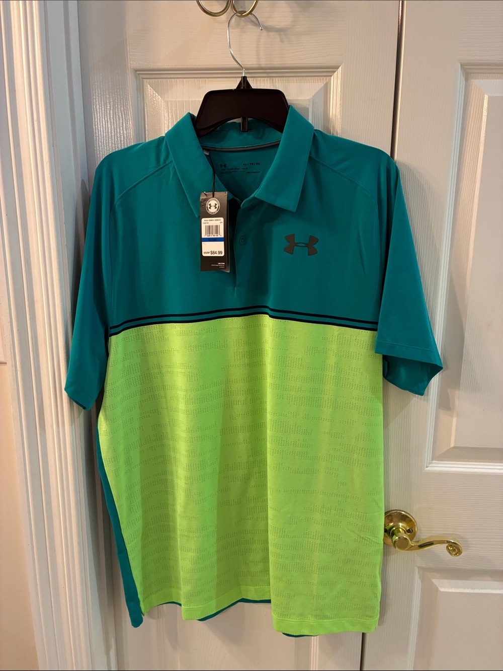 NWT Under Armour Heat Gear Men's Teal and Neon Green Colorblock Polo Shirt SZ XL - Picture 1 of 5
